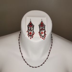 Red Chandelier Earrings and Red Beaded Necklace